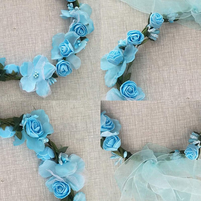 WLBON 3 Pcs Flower Headband Wristbands Rose Floral Leaf Hair Hoops Bands Headpiece Hairband Bracelets Women Xmas Wedding Halloween Parade Hawaiian Cosplay Dress Up Birthday Party Accessories Blue - Image 5